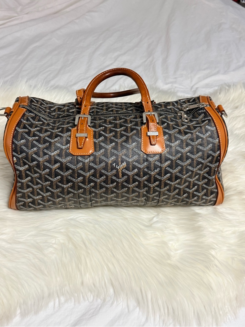 Leather-Trim Brown Patterned Men's Duffel Bag